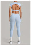 Yoga Set Women's Tracksuit Short Sleeve Back Hollow Out Sports Top Athletic Wear Tight High Waist Pocket Leggings Fitness Suits