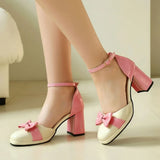Plus Size 32-48 Mary Jane Heels Shoes Women Bow Decor Ankle Strap Platform Chunky Block Heel Sweet Lolita Pumps