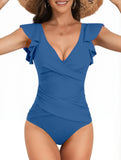 2026 Sexy Ruffle Swimsuit One Piece V-neck Drawstring Swimwear Women Bathers Bathing Swimming Swim Suit Female Beachwear XXL