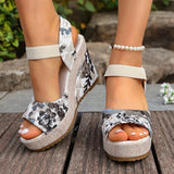 Bohemian Floral Printed Wedge Heel Sandals Women Summer Slip On Chunky Platform Sandles Woman Elastic Strap High Heels Sandals