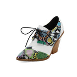 Snake Print Pumps Women Lace Up Brogue Shoes Pointed Toe Wedge Heels Deep Mouth Plus Size 40 41 42