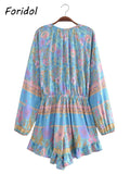 Long Sleeve Spring Summer Short Jumpsuit Women Printed Bohemian Wide Leg Playsuit Female Romper Ruffles Rayon Boho Overalls 2025
