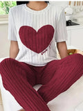 Autumn Winter Round Neck Short Sleeve Long Pants with Ribbed Stripes and Letter Heart Print Women's Pajamas Home Wear