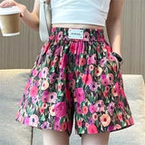 Summer Oil Painting Floral Shorts for Women Casual Wide Leg Shorts Large Siz Loose Floral Print Shorts Elastic Band Casual Pants