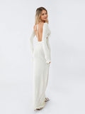 Women's Autumn Winter Knitted Bodycon Dress Long Sleeve Tie Backless Round Neck Solid Color Ruffle Trim Long Dress Beachwear