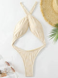 Tummy Cut Out Extreme Micro Thong Female Swimwear One Piece Swimsuit Women Cross Backless Monokini High Cut Bathing Suit Swim