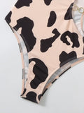2026 Cow Print Rib Cut-out One Piece Swimsuit Ring Link Swimwear Women Bathing Suit Female Swimming Summer Beachwear Bodysuit