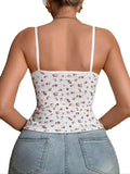 Women Ribbed Floral Cami Top Sleeveless Spaghetti Strap Tank Top Summer Slim Fit Comfy Casual Lace neckline Camisole