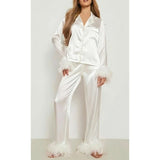 Combhasaki Women's Silk Satin Pajamas Set Feather Trim Cuff 2 Piece Loungewear Long Sleeve Button Down Shirt Pants Set Sleepwear
