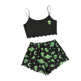 Sexy Alien Print Sling Sleepwear Women's Pajamas Set V-Neck Pyjamas Female Homewear Sleeveless Cute  Top And Shorts