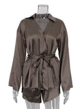 Marthaqiqi Fashion Ladies Nightgowns Suit Turn-Down Collar Robe Lace Up Pajama Long Sleeve Sleepwear Shorts Printing Nightie Set