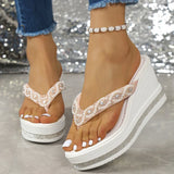 Fashion String Bead Wedges Slippers Women 2026 Summer Chunky Platform Beach Flip Flops Woman Clip Toe High Heeled Sandals 35-43