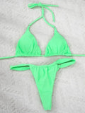 PU Pleated Ruched Bikinis Mini Micro Thong Bikini Women Swimwear Female Swimsuit Two-pieces Bikini Set Halter Bathing Suit Swim