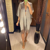 Sexy Fringe Tassel Mesh Sheer Shiny Knitted Tunic Beach Cover Up Cover-ups Beach Dress Beach Wear Beachwear Female Women V3321