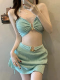 Korean Cover Up 3 Piece Bikini Set 2025 Swimwear Women Green Metal Strap Push Up Drawstring Skirt Swimsuit Beach Bathing Suits