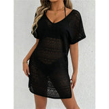 S - XL V Neck Short Sleeve Hollow Out Knitted Tunic Beach Cover Up Cover-ups Beach Dress Beach Wear Beachwear Female Women V8214