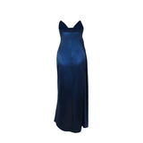Elegant Strapless Solid Evening Gown Chic Satin Corset Dress for Women V-neck Split Blue Long Dress Lady Summer Party Dress up