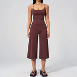 Gym Workout Yoga Sets Women Square Neck Slimming Sports Tank Top Fitness Gym Suit Outdoor High Waist Flare Pants Two-piece Set