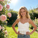 2026 New Women's Solid Color Ruffle Camisole Tie Shoulder Straps V Neck Cropped Chic Casual Fashion Top