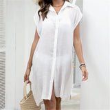 New White Shirt Short Sleeve Long Top Blouse Tunic Beach Dress Beach Wear Beachwear Beach Cover Up Cover-upsFemale Women V6330