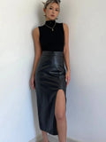 WOMENGAGA High Waist Slim Side Split PU Leather Skirt For Women Spring/Summer Irregular Split One Step Skirt Mid Length 761R