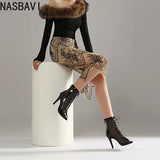 Plus Size Women Patent Leather Mesh Spliced Ankle Boots Back Zipper Peep Toe Lace Up Stiletto High Heels Hollow Out Summer Booti