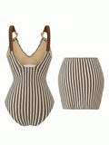Vintage Black Striped Swimwear Skirts Set Women 2026 Metal Buckle Strap V Neck Slimming Bathing Suit Holiday One Piece Swimsuit