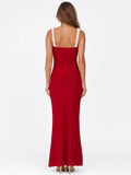 V Neck Spaghetti Strap Red Party Women's Dress Flower Decor Elegant Sleeveless Bodycon Maxi Vestidos 2025 Beach Casual Long Robe