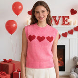 Women 2026 Sleeveless Crew Neck Pullover Fashion Daily Wear Top Cute Heart Print Pink Knitted Vest