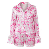 Womens Satin Christmas Pajamas Sets Print Button Up Long Sleeve Lapel V Neck Tops and Shorts Lounge Wear 2 Pieces Suits