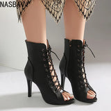 Plus Size Women Peep Toe Cutout Lace Up Ankle Boots with Side Zipper Stiletto High Heels Summer Hollow Out Short Booties