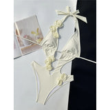 Sexy 3D Flowers Deep V Neck Halter Women Swimwear One Piece Swimsuit Female High Cut Leg Monokini Bather Bathing Suit Swim V6986