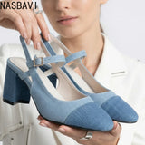 Women Denim Sandals French Style Modern Ladies Elegant 7cm Square Heel Single Single Shoes Summer Sandals Pumps Large Size 35-48