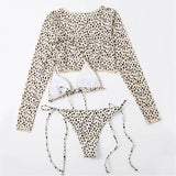 S- XXL Leopard Printed Long Sleeve Bikini Women Swimwear Female Swimsuit Three-Pieces Bikini Set Bather Bathing Suit Swim V3193Y