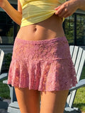 Summer Women Mini Skirts Floral Lace Sheer Elastic Waist A-line Skirt for Beach Vacation Club Cover-ups Streetwear