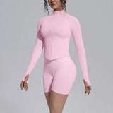 Women's Seamless Yoga Sets Sports Fitness Gym Zipper Long-Sleeve Jacket Hip Lift High-Waist Shorts Suits Workout Training Sets
