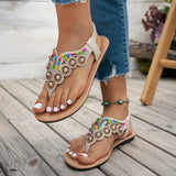 Bohemian String Bead Flat Sandals Women 2025 Summer Crystal Decor Clip Toe Beach Sandles Woman Plus Size Non Slip Sandalias 43