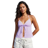 Women's Summer Halter Neck Camisole Sleeveless Open Back Deep V Neck Striped Cami Tank Tops