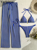 With Pants Striped Halter Bikini Female Swimsuit Women Swimwear Three-Pieces Bikini Set Brazilian Bather Bathing Suit Swim V7838