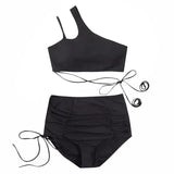 Sexy Korean Fashion One Shoulder Crop Top Mujer Black Drawstring Shorts Bottoms Bikinis Sets Two Pieces Swimsuit Padded Swimwear