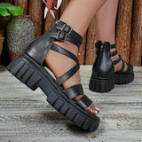 Roman Style Hollow Thick Heel Sandals Women's Large Size Slip-On Beach Sandals PU Material Comfortable Breathable Ladies Shoes
