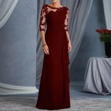 Women Elegant Lace Long Dress Sexy See Through Round Neck Mid Sleeve Dress Solid Color Evening Party Prom Dress Cocktail Gown