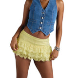 Women Summer Solid Color Mini Skirts Casual Elegant  Low Rise Layered Ruffle Lace Skirt for Beach Vacation Club