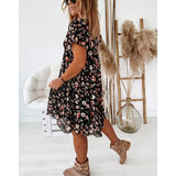 Summer Lady Ruffle Mini A Line Dress Women Casual Floral Print Dresses O Neck Elegant Short Sleeve Midi Dress Vacation Vestidos