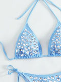 DEKA Women Sexy Rhinestones Bikini Set With Solid Color Thong Swimwear Female Push Up Swimsuit Beach Swimming Bathing Suit