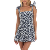 Women Fashion Double Layer Backless Cami Dress Summer Casual Floral Print Tie-Up Shoulder Strap Mini Dress Grey/Pink/Yellow