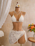 Sexy Mesh Cover Up 3 Piece Bikini Set 2026 Women White Metal Circle Push Up Bra Thong Swimwear Holiday Bathing Suit Swimsuit