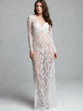 Sexy See Through Lace Long Dresses For Women Deep V-neck Solid Color Maxi Dress Fashion Streetwear Party Night Club Vestidos New
