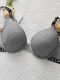 Women's Grey Bra With Letter Band Design 3/4 cup Pull Up Sexy Lingerie Solid Color All Season Brassiere R8809