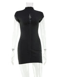 Ahagaga Sexy Club Women's Mini Dress Solid Half Turtleneck Short Sleeves Sheath Streetwear Single Breasted Bodycon Vestidos
